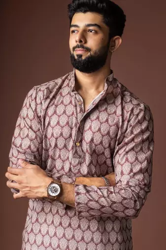 brown linen blend printed kurta