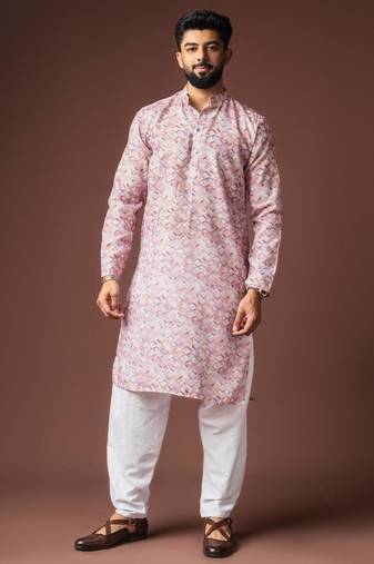 Pinkish multicolor color blended linen weaved kurta for festive