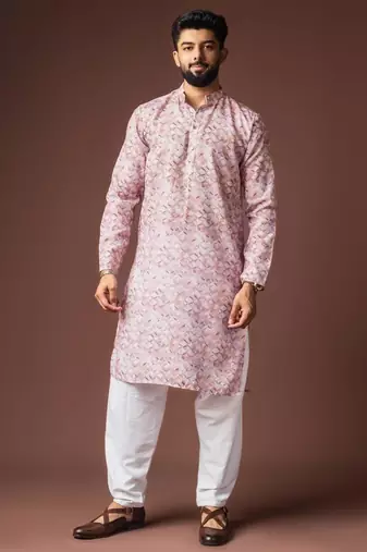 Pinkish multicolor color blended linen weaved kurta for festive
