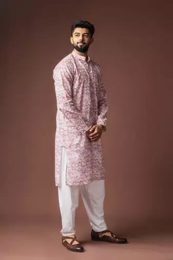 Pinkish multicolor color blended linen weaved kurta for festive