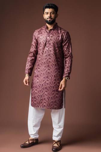 Wine color blended linen weaved kurta for festive