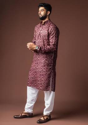 Wine color blended linen weaved kurta for festive 2