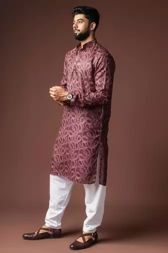 Wine color blended linen weaved kurta for festive