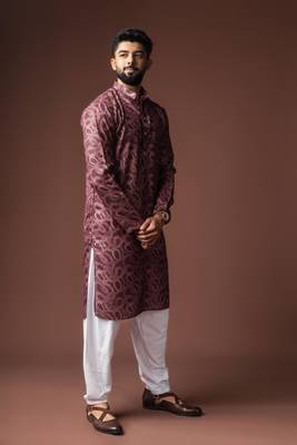 Wine color blended linen weaved kurta for festive 3