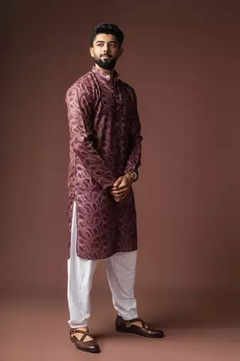 Wine color blended linen weaved kurta for festive