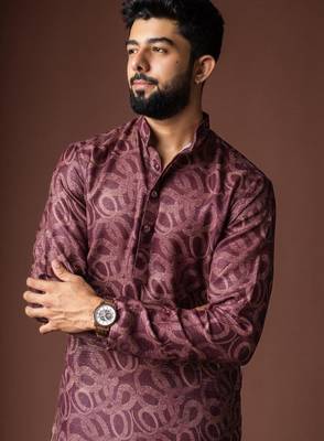Wine color blended linen weaved kurta for festive 5