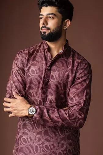 Wine color blended linen weaved kurta for festive