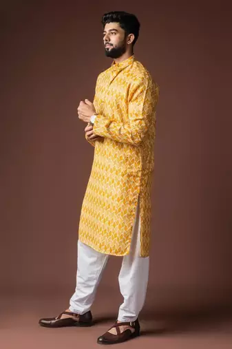 Yellow color blended linen weaved kurta for festive