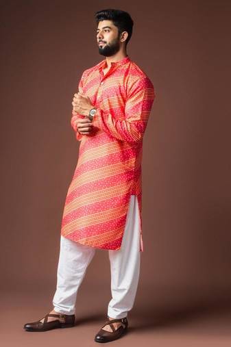 Orange color blended linen weaved kurta for festive