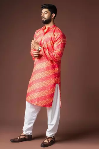 Orange color blended linen weaved kurta for festive