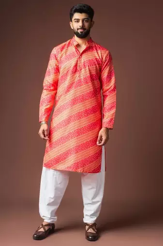 Orange color blended linen weaved kurta for festive