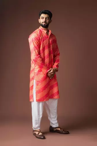Orange color blended linen weaved kurta for festive
