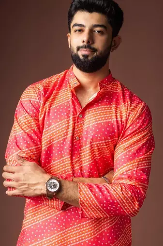 Orange color blended linen weaved kurta for festive