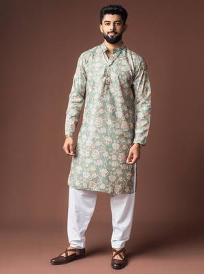 Greenish blue color blended linen weaved kurta for festive 1