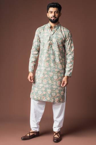 Greenish blue color blended linen weaved kurta for festive