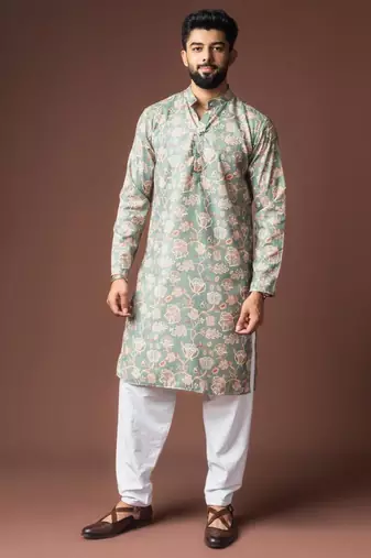 Greenish blue color blended linen weaved kurta for festive