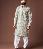 Greenish blue color blended linen weaved kurta for festive