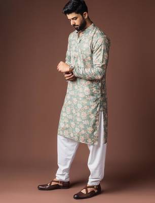 Greenish blue color blended linen weaved kurta for festive 2