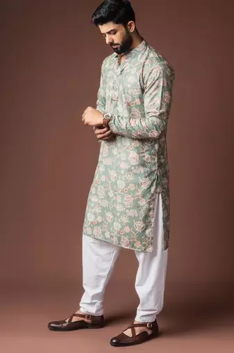 Greenish blue color blended linen weaved kurta for festive
