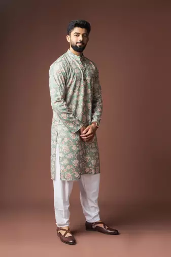 Greenish blue color blended linen weaved kurta for festive