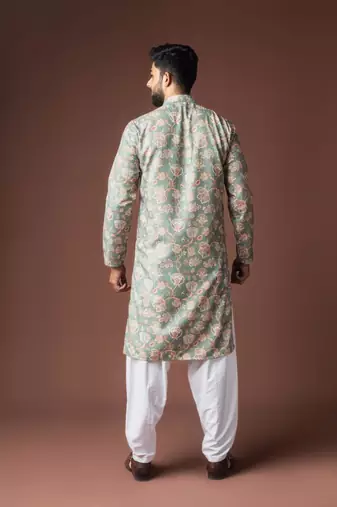 Greenish blue color blended linen weaved kurta for festive