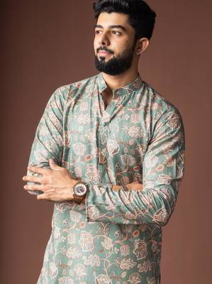 Greenish blue color blended linen weaved kurta for festive 5