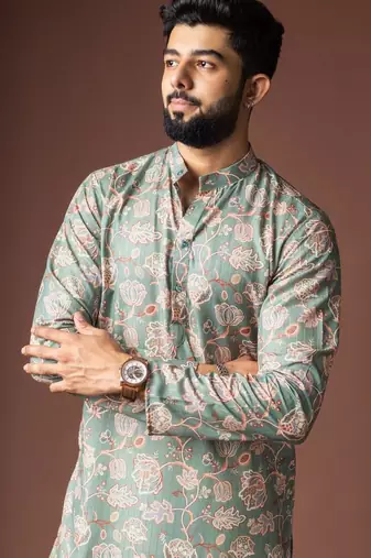 Greenish blue color blended linen weaved kurta for festive
