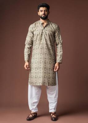 Mehandi green color blended linen weaved kurta for festive 1