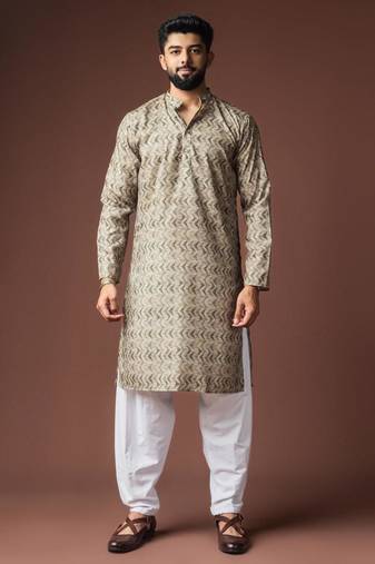 Mehandi green color blended linen weaved kurta for festive