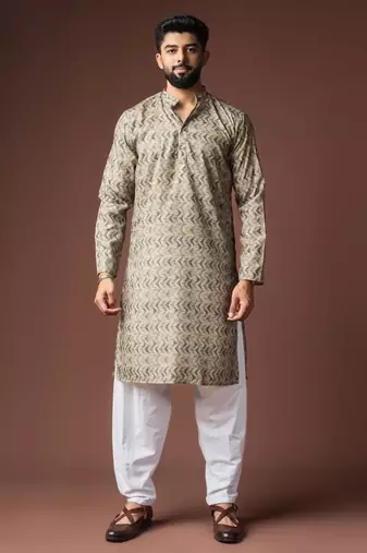 Mehandi green color blended linen weaved kurta for festive