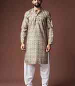 Mehandi green color blended linen weaved kurta for festive