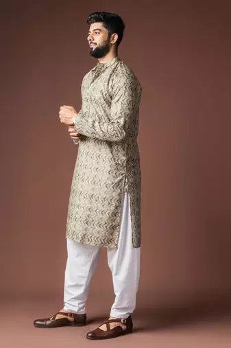Mehandi green color blended linen weaved kurta for festive