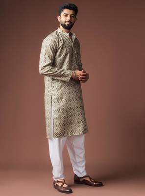 Mehandi green color blended linen weaved kurta for festive 3