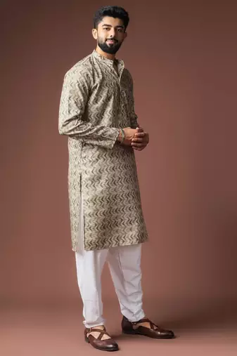 Mehandi green color blended linen weaved kurta for festive