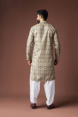 Mehandi green color blended linen weaved kurta for festive 4
