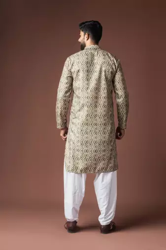 Mehandi green color blended linen weaved kurta for festive