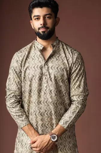Mehandi green color blended linen weaved kurta for festive