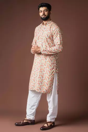 White color blended linen weaved kurta for festive
