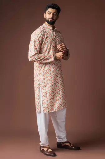 White color blended linen weaved kurta for festive