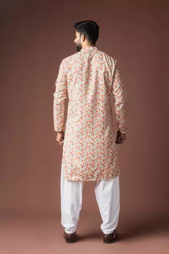 White color blended linen weaved kurta for festive