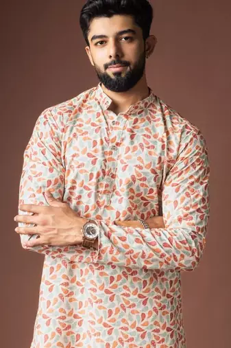 White color blended linen weaved kurta for festive
