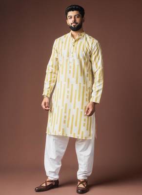 Yellow color blended linen weaved kurta for festive 1