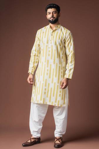 Yellow color blended linen weaved kurta for festive