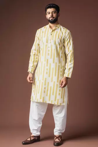 Yellow color blended linen weaved kurta for festive
