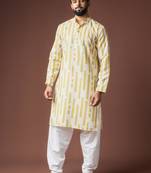 Yellow color blended linen weaved kurta for festive