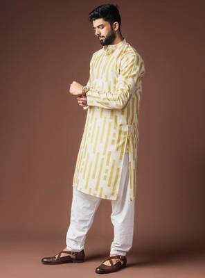 Yellow color blended linen weaved kurta for festive 2