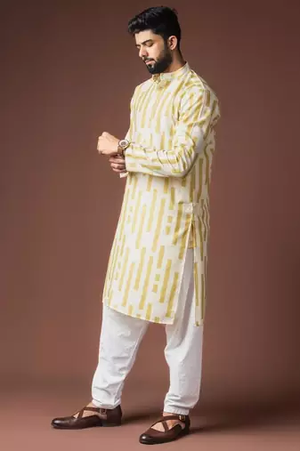 Yellow color blended linen weaved kurta for festive