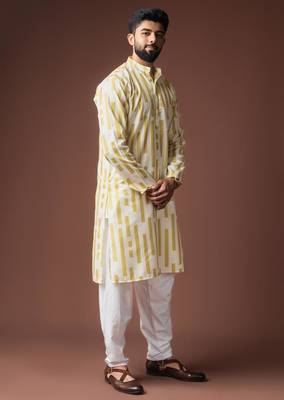 Yellow color blended linen weaved kurta for festive 3