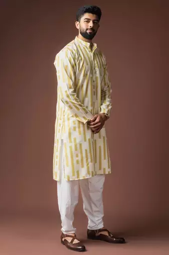 Yellow color blended linen weaved kurta for festive