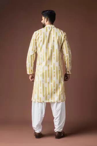 Yellow color blended linen weaved kurta for festive